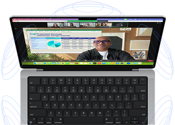Das MacBook Pro umgeben von Illustrationen mit blauen Kreisen, die das 3D Feeling von 3D Audio symbolisieren − auf dem Display nutzt eine Person die Moderatorenmaske in einem Zoom Videomeeting, um vor dem präsentierten Inhalt zu erscheinen