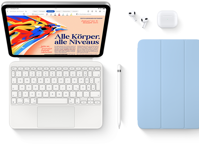iPad, Magic Keyboard Folio, Apple Pencil, AirPods und Smart Folio sind abgebildet.
