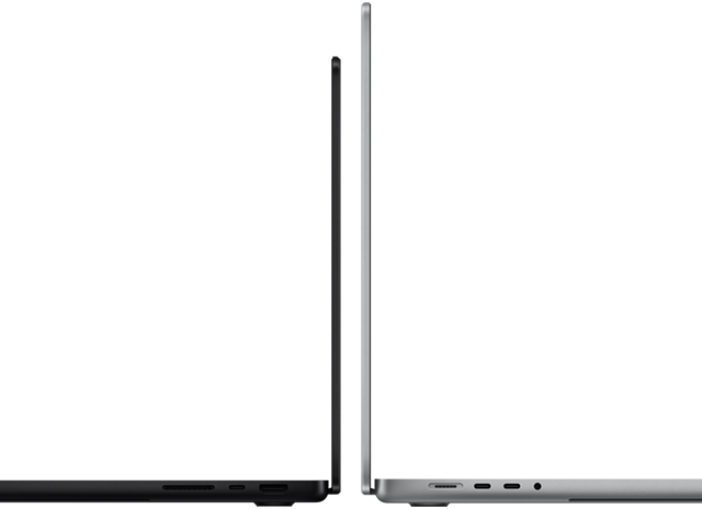 14" und 16" MacBook Pro Rückseite an Rückseite, um den Größenunterschied und das dünne Profil zu zeigen