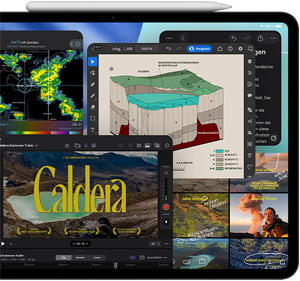 iPad Pro, Vorderansicht, Querformat, Farbe Space Schwarz, ein Apple Pencil haftet oben am Gerät, das Display zeigt mehrere App Fenster nebeneinander, darunter Final Cut Pro mit Videobearbeitungsfeatures und Timeline, Karten, Notizen und verschiedene Medienclips
