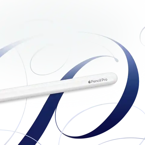 Apple Pencil Pro, Weiß, vor einem weißen Hintergrund mit blauen Wirbeln