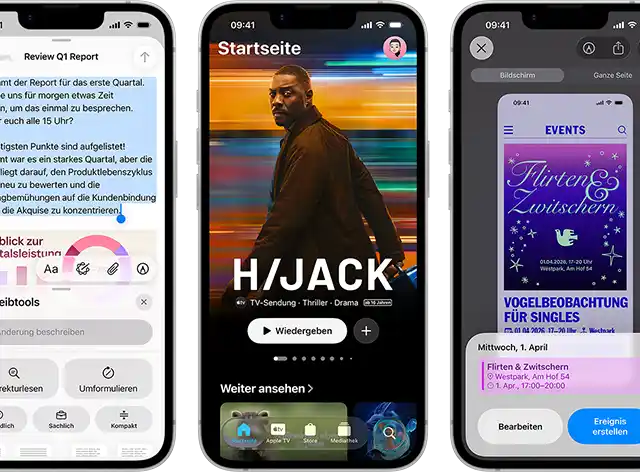 Nebeneinander angeordnete iPhone 17e Geräte mit unterschiedlichen Displays: ein Spiel wird gespielt, Schreibtools, Apple TV App, ein Kalenderereignis wird erstellt, ein Genmoji wird erstellt