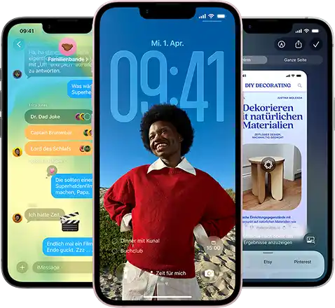 Tre iPhone 17e-enheter med appen Meddelanden i Liquid Glass-design, dynamisk l&aring;ssk&auml;rm och Visuell intelligens ig&aring;ng