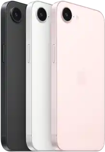 iPhone 17e, Seiten- und Rückansicht, Schwarz, Seiten- und Rückansicht, Weiß, Seiten- und Rückansicht, Hellrosa, Fusion Kamera oben, Seitentaste