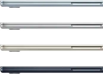 Seitenansicht von vier MacBook Air Laptops in vier verschiedenen Farben