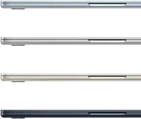 Seitenansicht von vier MacBook Air Laptops in vier verschiedenen Farben