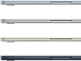 Seitenansicht von vier MacBook Air Laptops in vier verschiedenen Farben