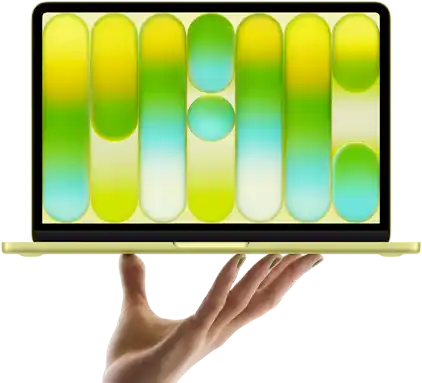 Das MacBook Neo in Farbe Zitrus wird auf den Fingerspitzen einer geöffneten Hand balanciert, das Display zeigt ein farbiges, abstraktes Muster