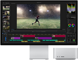 Studio Display XDR mit integriertem Standfuß, der Mac Studio passt perfekt unter das Display, Workflow mit Tools für Videoschnitt und Farbkorrektur auf dem Display