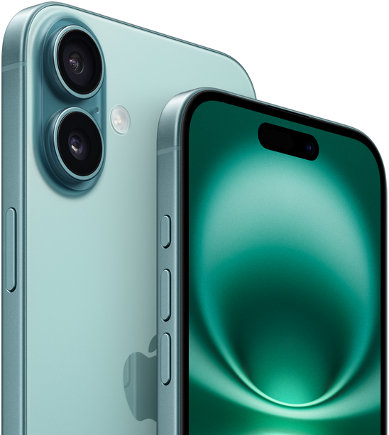 iPhone 16 Plus und iPhone 16, Actiontaste, Lautstärketasten, Seitentaste und Kamerasteuerung, Vorderseite, All‑Screen Design, Dynamic Island oben in der Mitte, Rückseite, Blaugrün, erhöhtes, fortschrittliches Zwei-Kamera-System oben links, Apple Logo in der Mitte