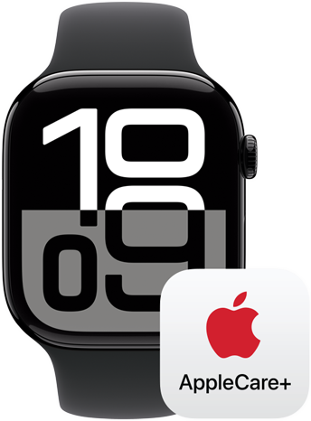 Ein AppleCare+ Logo neben einer Apple Watch Series 10.