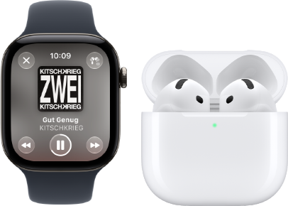 Apple Watch Series 12, Aluminiumgehäuse, Farbe Schwarz, Sportarmband in Schwarz, Apple Music App geöffnet, gekoppelt mit AirPods 4