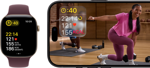 Eine Apple Watch neben einem iPhone mit einem Apple Fitness+ Training auf dem Display
