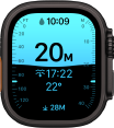 Apple Watch Ultra 4, Titangehäuse, Farbe Schwarz, Tiefe App zeigt Messwerte fürs Tauchen, rechte Seitenansicht, Digital Crown, erhöhte Seitentaste